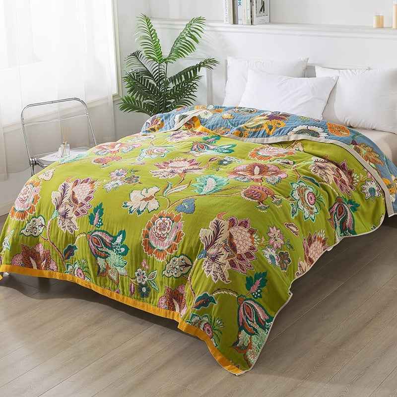 Pure Cotton Layer Gauze Towel Blanket Plant Pattern Summer Bedding 150x200cm