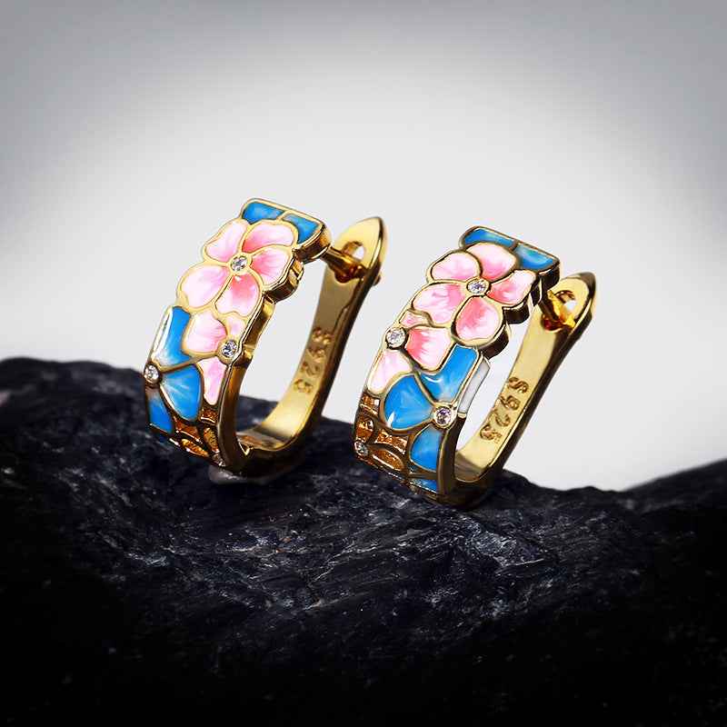 Fashion Enamel Flower Ladies Hug Earrings Retro Bohemian Round Small Earrings