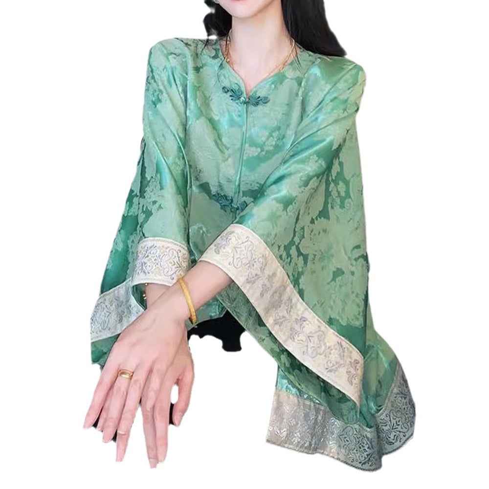 Green Loose Long Sleeve Chinese Style Jacquard Top With Knot Button