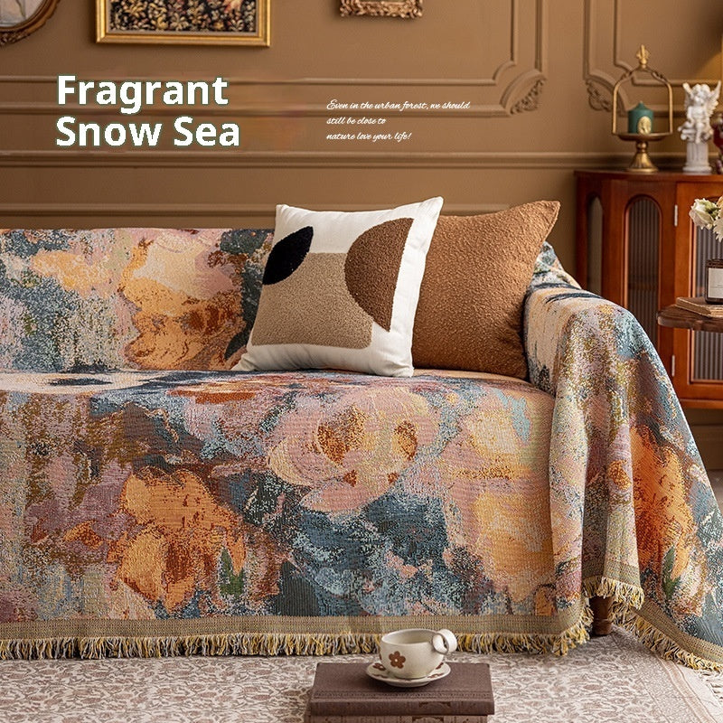 Artisan Floral Sofa Throw Cover | Vintage Oil Painting Style (100% Cotton)