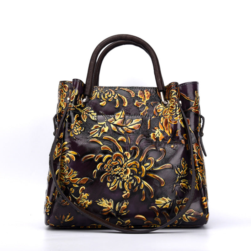Floral Embossed Three Dimensional Genuine Leather Messenger Bag For Women
