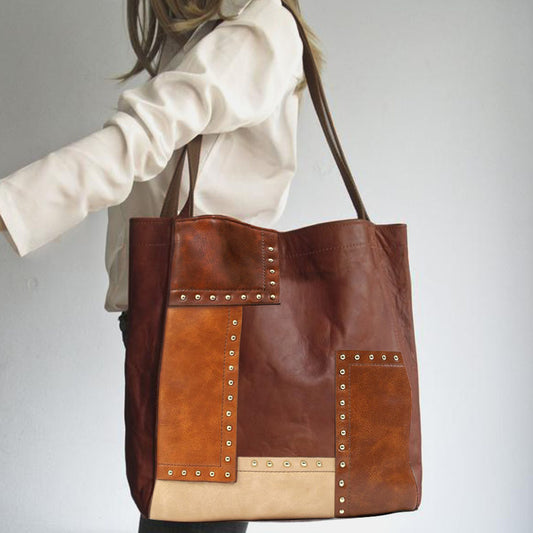Brown PU Rivet Tote Bag with Contrast Stitching, Large