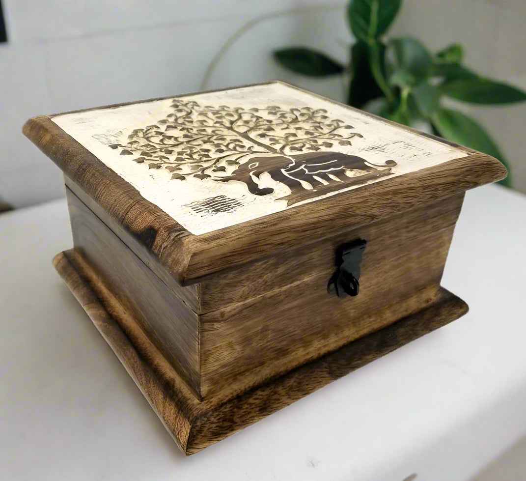 Omsutra Trunk And Tranquility Wooden Keepsake Box Handcarved Elephant Motif