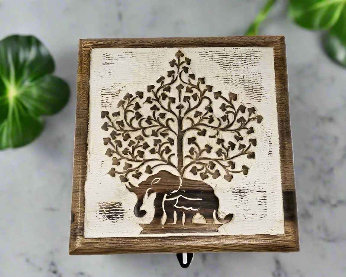 Omsutra Trunk And Tranquility Wooden Keepsake Box Handcarved Elephant Motif