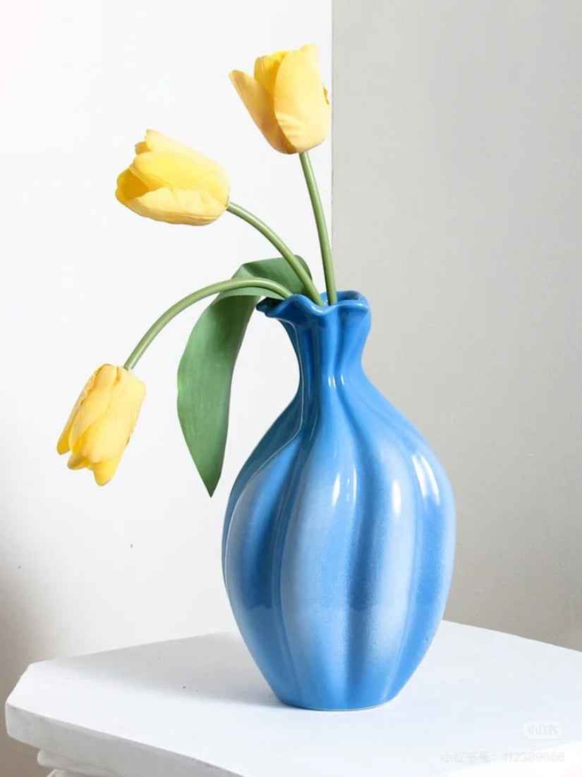 Handcrafted French Style Gradient Blue Ceramic Vase - Unique Flower Vessels