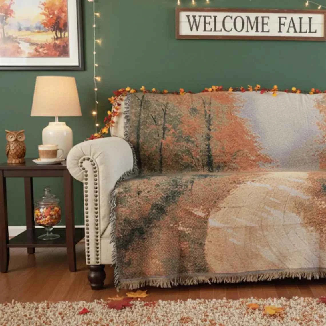 Autumn Authentic Tapestry Throw Blanket - Decorative Orange Fall Leaves Forest Woven Stitched Design - 50" x 60"