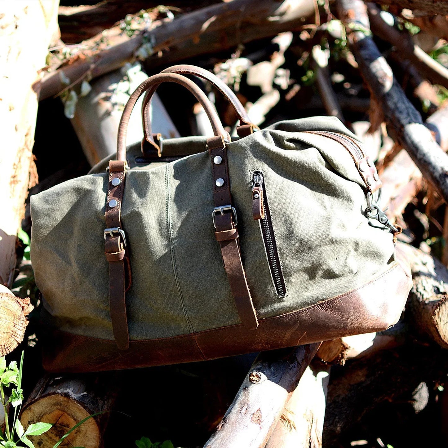 Premium Wax Canvas Duffel Bag Vintage Leather Holdall Overnight - Rosetta Creative Boutique