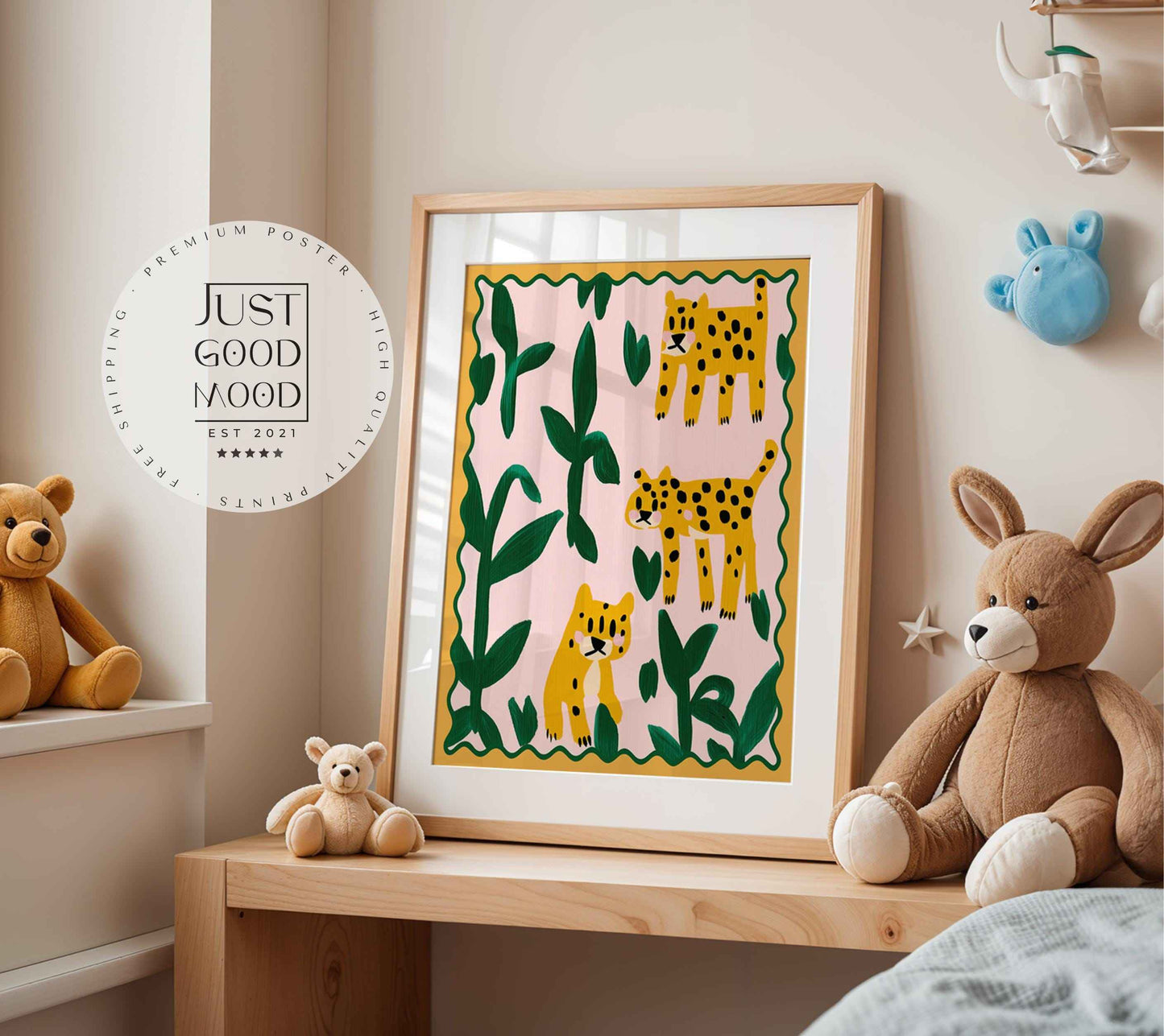Leopard Safari Poster for Kids Room Jungle Plants Wall Decor Frameless