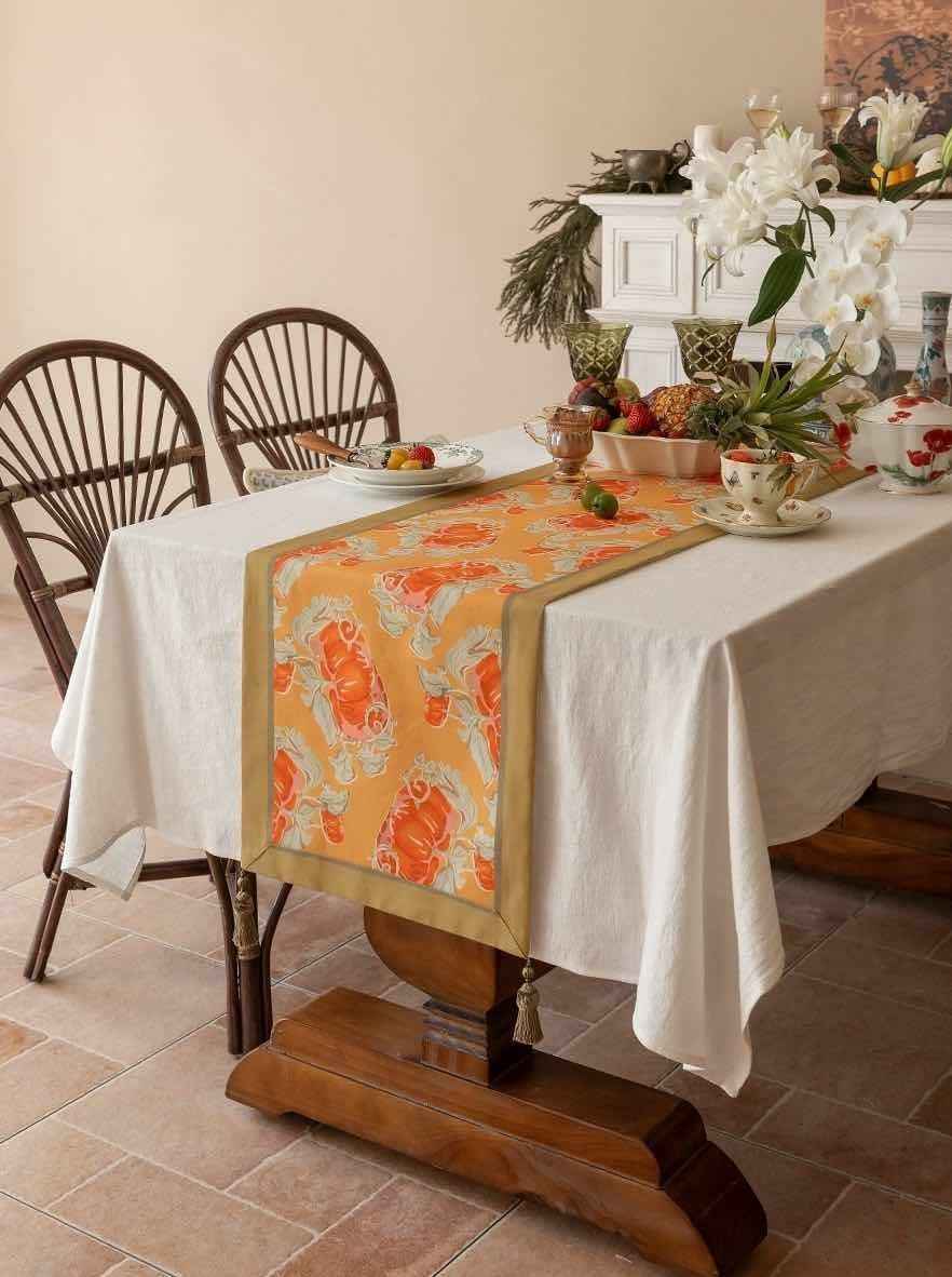 Italian Style Fall Table Runner With Pumpkin Print And Handmade Tassels