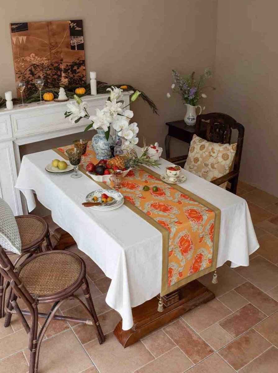 Italian Style Fall Table Runner With Pumpkin Print And Handmade Tassels