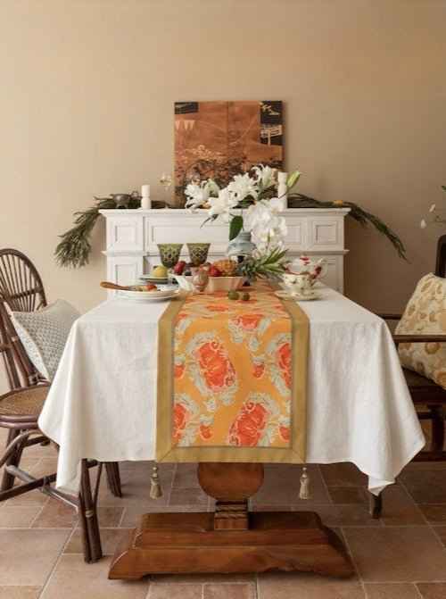 Italian Style Fall Table Runner With Pumpkin Print And Handmade Tassels