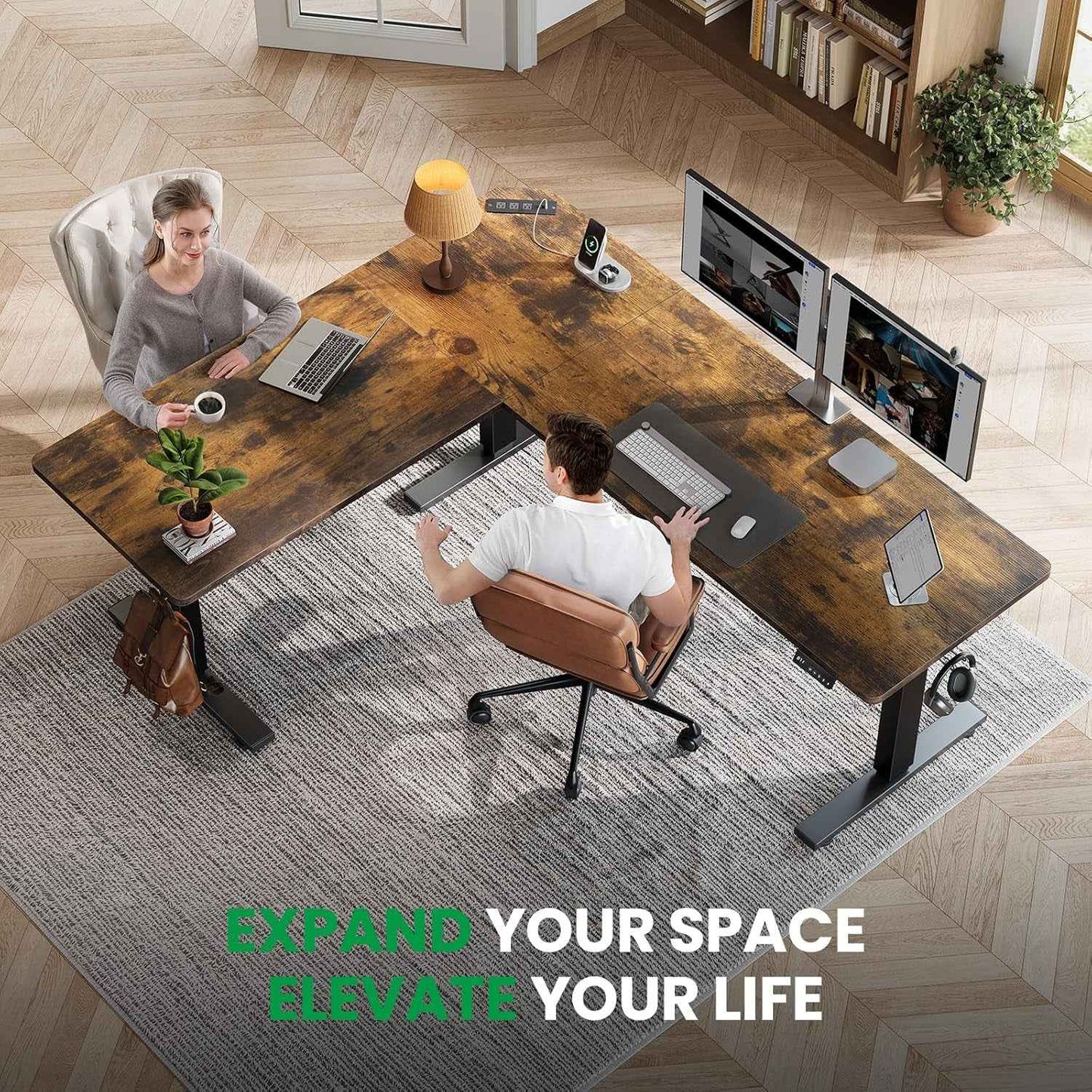 L Shaped Adjustable Standing Desk with Charging Station