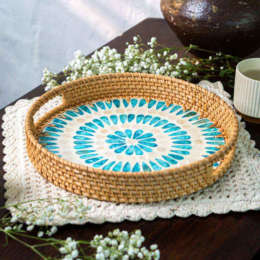 Rattan Serving Tray With Mother Of Pearl Ripple Design 30cm 35cm Jungle Culture