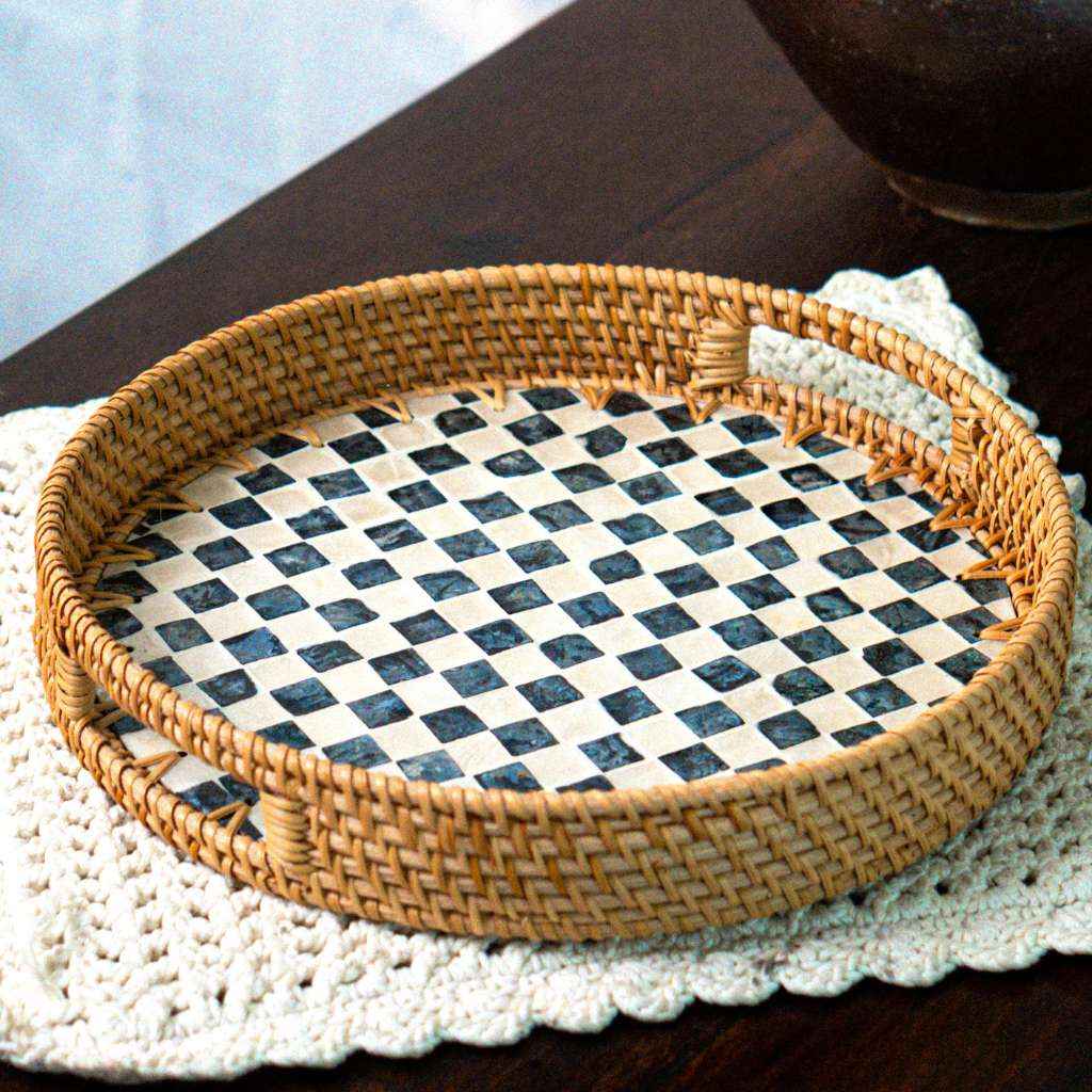 Rattan Tray With Mother Of Pearl Drift Handmade 30cm 35cm Vietnam