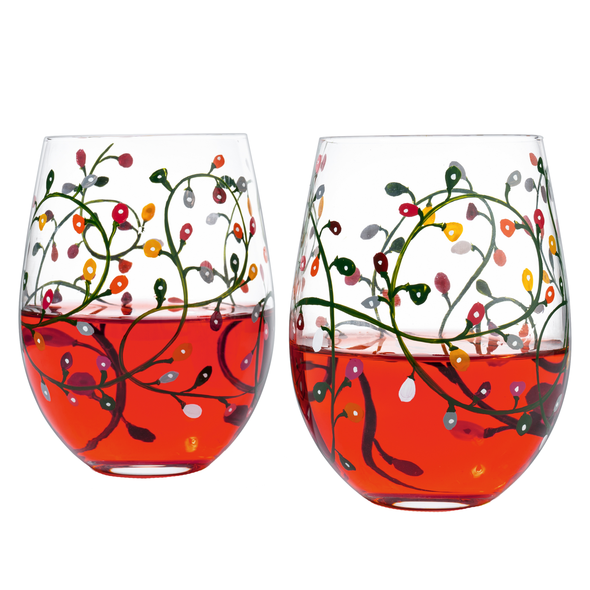 Themed Lights Stemless Wine & Water Glasses - Artisanal Hand Painted Ornament Light Bulbs Glasses - Xmas Tree - Set of 2, 17.5oz - Santa Festive Theme Stemless Glass