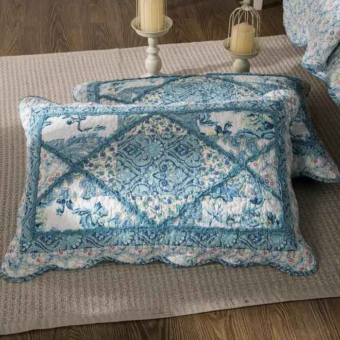 Tache Cotton Patchwork White Blue Floral Scalloped Petal Dance Pillow Sham (JHW-646)