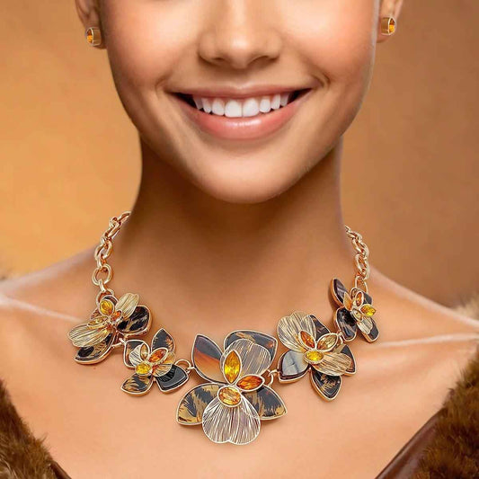 Jewelry Set with Collar Leopard Gold Flower Artisan Necklace and Earrings