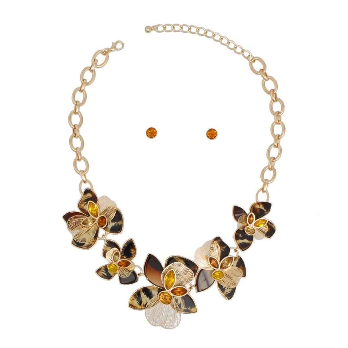 Jewelry Set with Collar Leopard Gold Flower Artisan Necklace and Earrings