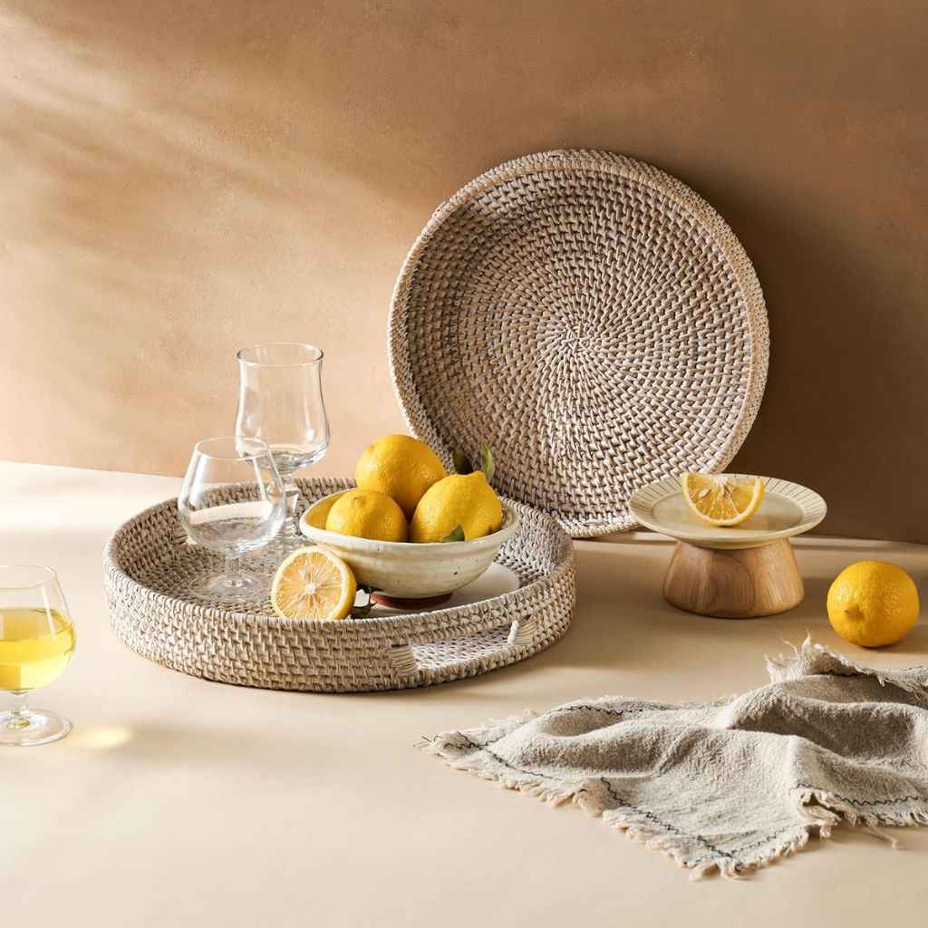 Handwoven Rattan Trays Whitewashed In Multiple Sizes