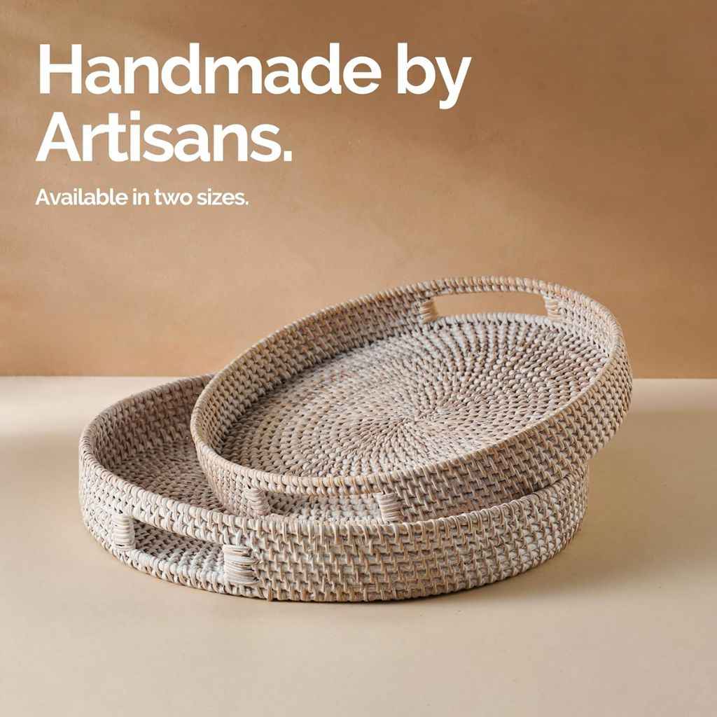 Handwoven Rattan Trays Whitewashed In Multiple Sizes