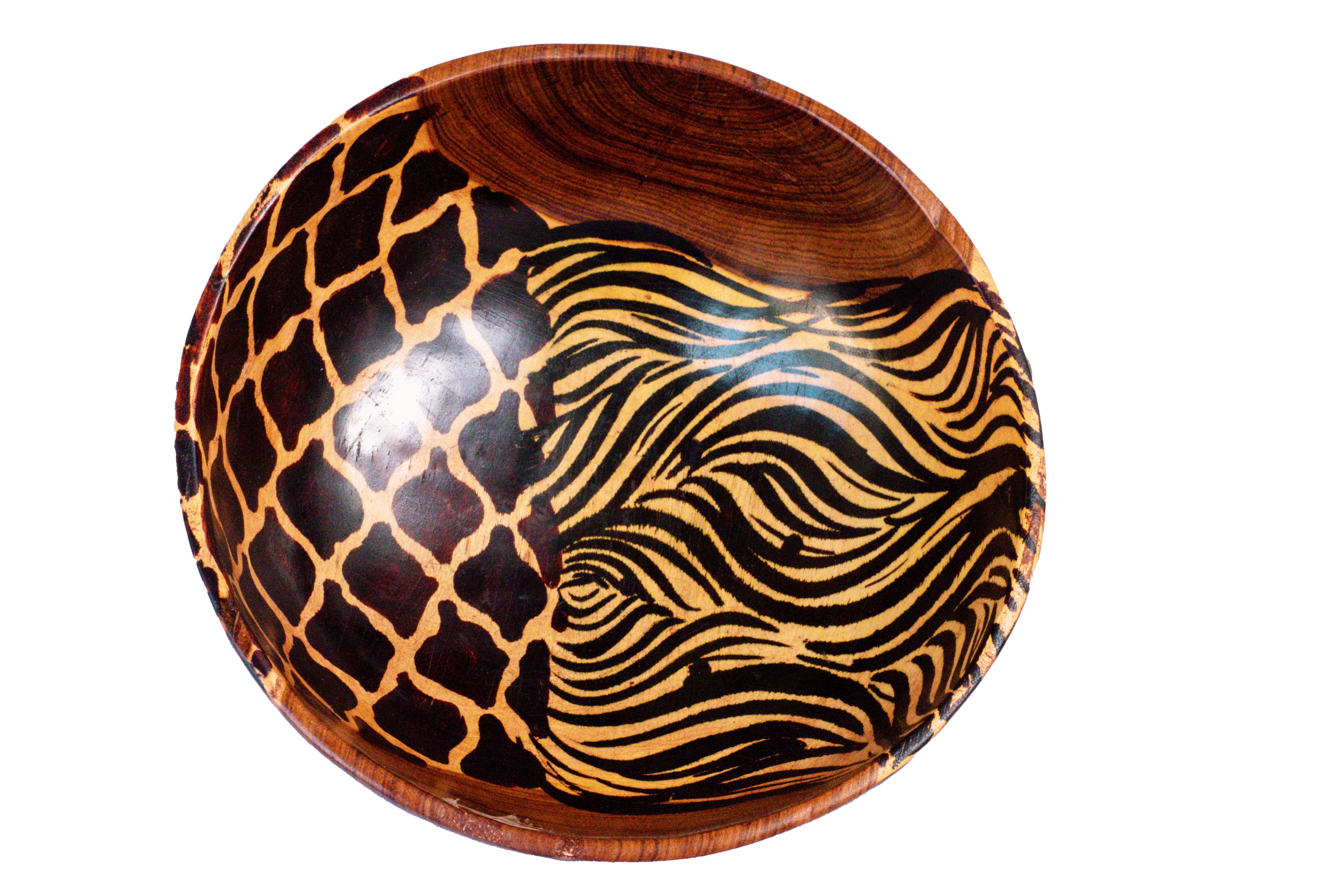 Hand Carved Natural Wooden Bowl With Animal Print Pattern From Africa